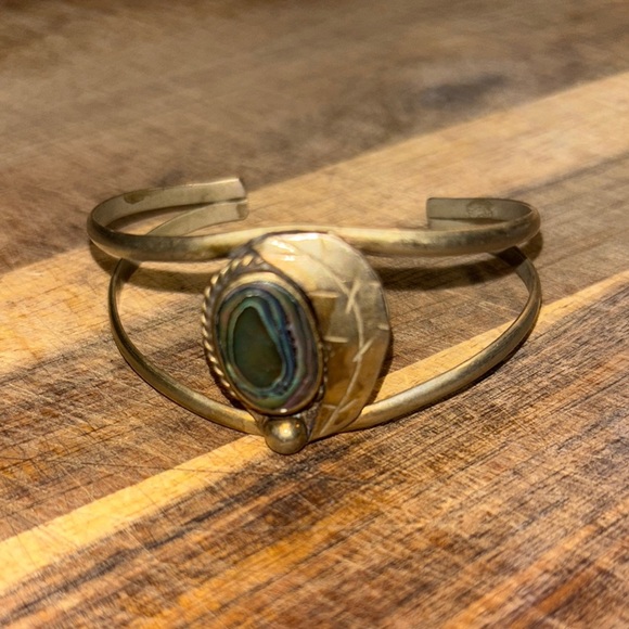 Signed Alpaca Mexico Abalone Shell Sterling Silver open cuff bracelet - Picture 1 of 3